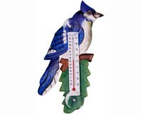 Blue Jay on Branch Small Window Thermometer